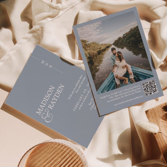 Invitation Mariage photo moderne simple Dusty Blue QR Code (Créateur téléchargé)