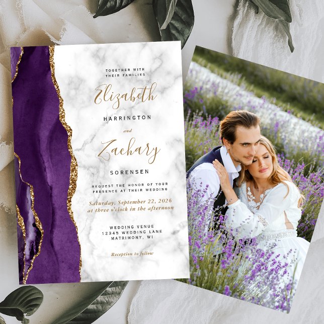 Invitation Mariage photo moderne violet or agate marbre (Créateur téléchargé)