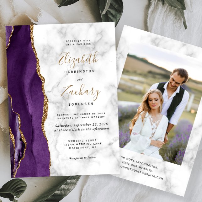 Invitation Mariage photo moderne violet or agate marbre (Créateur téléchargé)