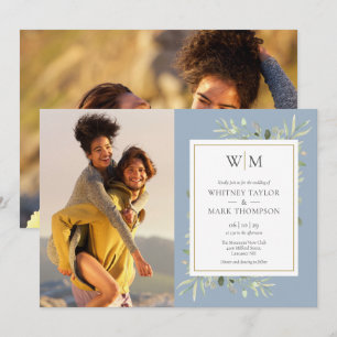 Invitation Mariage photo Monogram Greenery Dusty Blue