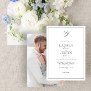 Invitation Mariage photo Monogramme bleu de la marine classiq