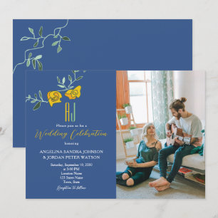 Invitation Mariage Photo Monogramme Jaune Gras Bleu Marine