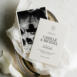Invitation Mariage Photo Monogramme Noir Doux Blanc Chaud