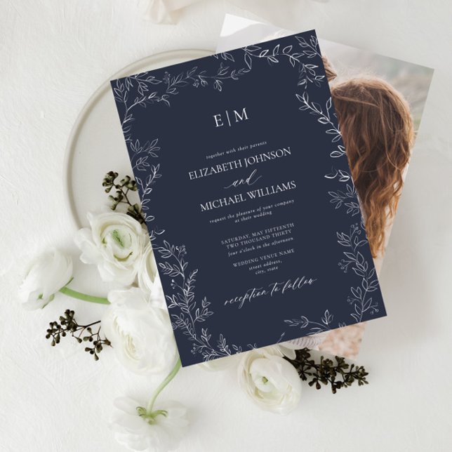 Invitation Mariage photo Monogramme photo Elegant Navy Blue L (Créateur téléchargé)