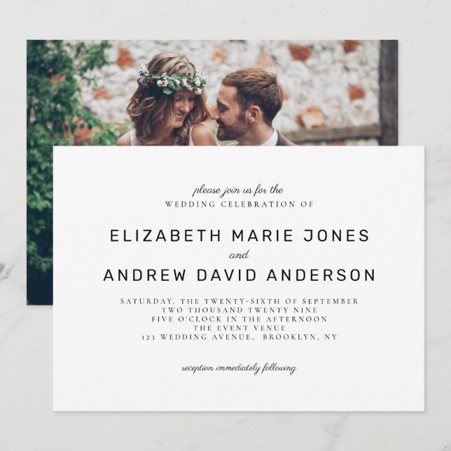 Invitation Mariage photo noir blanc moderne classique (Devant / Derrière)