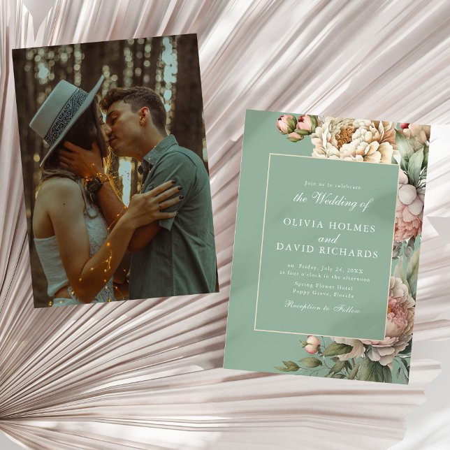 Invitation Mariage photo personnalisé Pastel Sage & Blush Peo (Pastel Sage & Blush Peony Custom Photo Wedding Invitation on a sunny neutral dry palm leaf.)