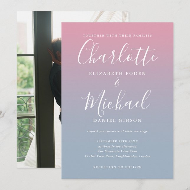 Invitation Mariage photo Pink And Dusty Blue Ombre (Devant / Derrière)