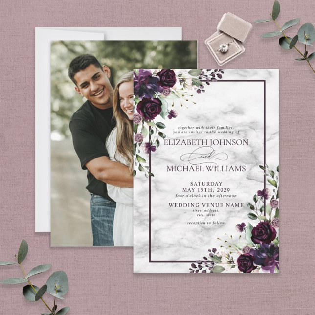 Invitation Mariage photo Plum Purple Flower Marble (Créateur téléchargé)