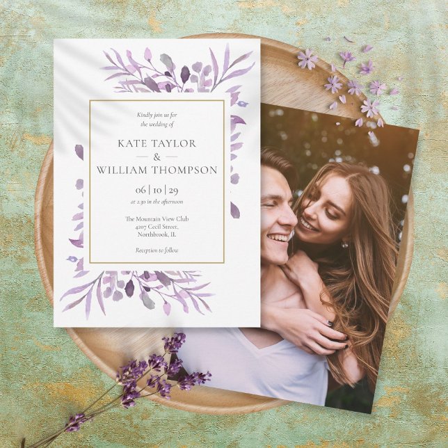 Invitation Mariage photo Purple Lavender Foliage Gold (Créateur téléchargé)