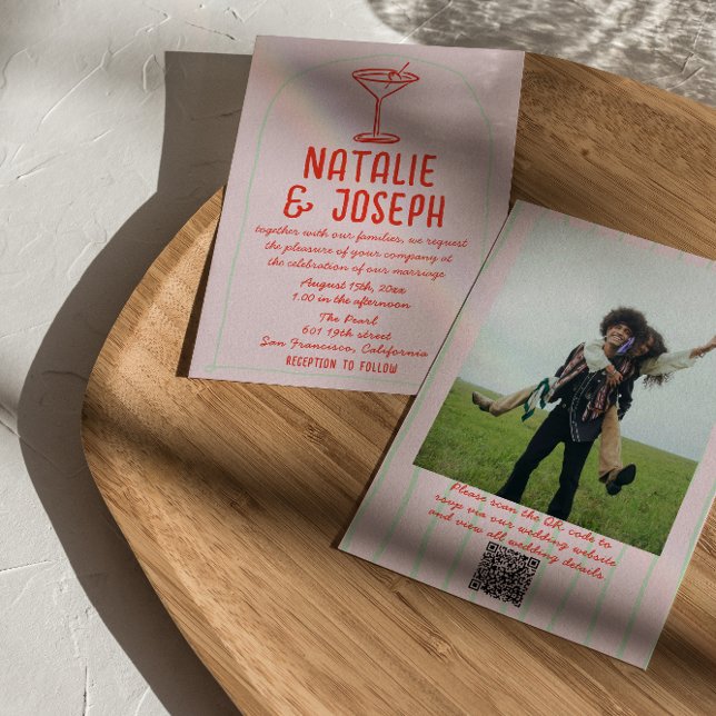 Invitation Mariage photo QR Code Retro main tiré Martini (Créateur téléchargé)