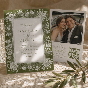 Invitation Mariage Photo QR Code Vert Olive Dentelle Argent A