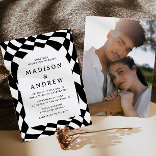 Invitation Mariage Photo Rétro Échiquier Noir et Blanc