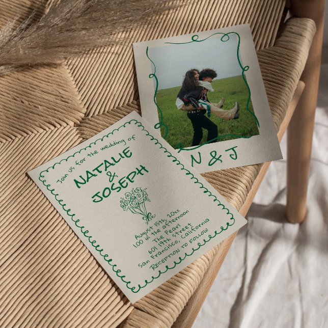 Invitation Mariage photo Retro Green Main tiré Quirky Floral (Créateur téléchargé)