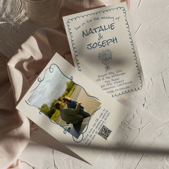Invitation Mariage photo Retro Hand Drawn Navy bleu QR Code (Créateur téléchargé)