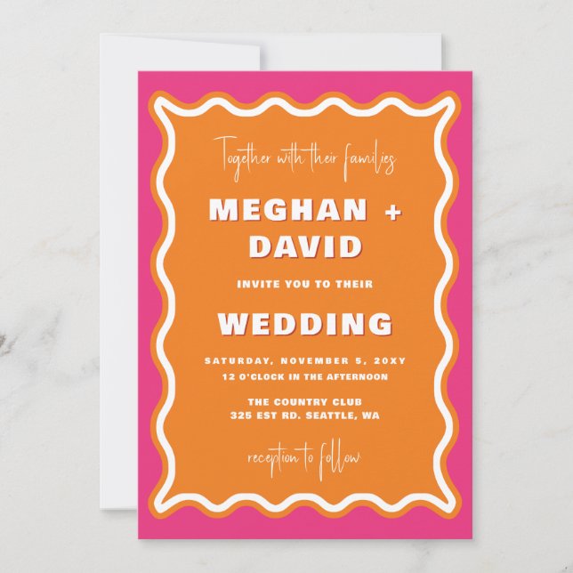 Invitation Mariage photo Retro Squiggle Wavy Pink Orange (Devant)