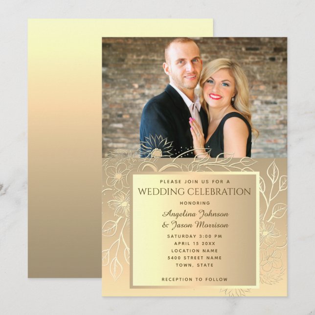 Invitation Mariage photo Romantic Gold Foil (Devant / Derrière)