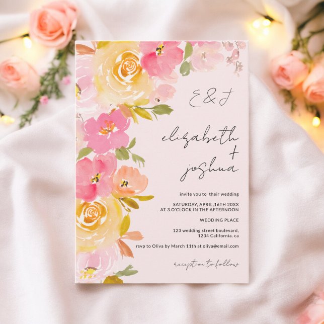 Invitation Mariage photo romantique à fleurs rose pâle (Romantic blush pink yellow floral photo wedding invitation)