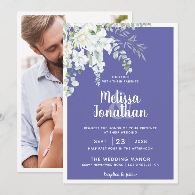Invitation Mariage photo romantique blanc doux fleur violet (Devant / Derrière)