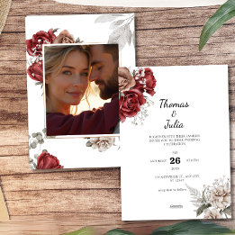 Invitation Mariage photo romantique Bourgogne et argent Flora