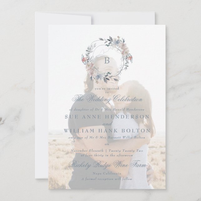 Invitation Mariage photo romantique Floral Monogram Wreath (Devant)