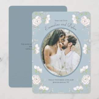 Invitation Mariage Photo Rose Blanche Bleu Poussiéreux Enregi