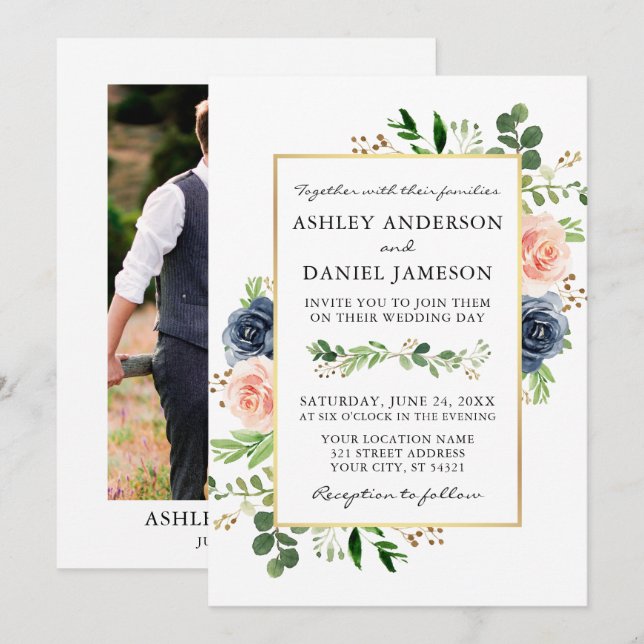 Invitation Mariage photo Rose Dusty Blue (Devant / Derrière)