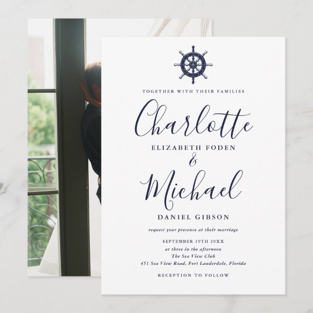 Invitation Mariage Photo Roue de Bateau de Style Marin Écritu (Devant / Derrière)