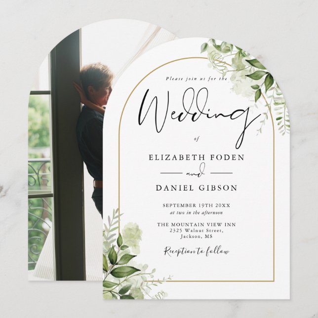 Invitation Mariage photo Rustic Greenery Floral Gold Arch (Devant / Derrière)