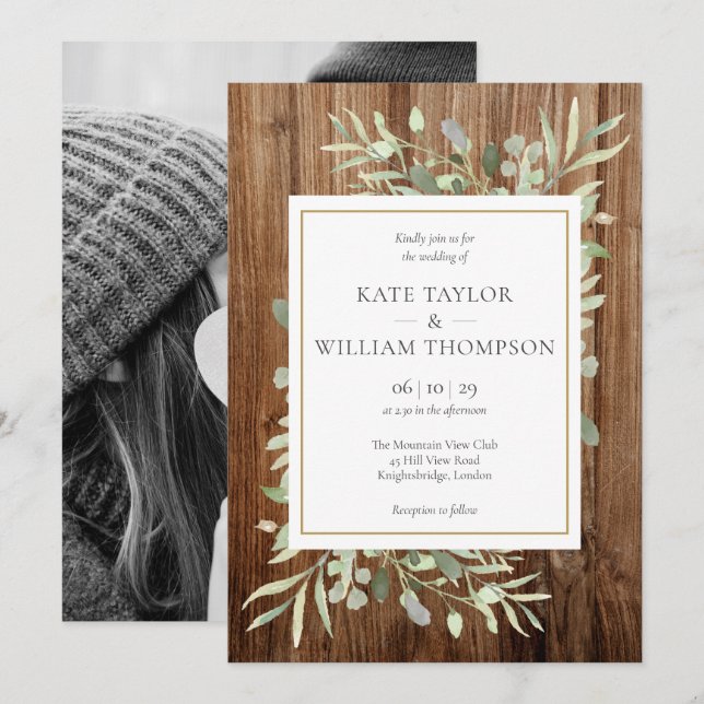Invitation Mariage photo Rustic Wood Greenery (Devant / Derrière)