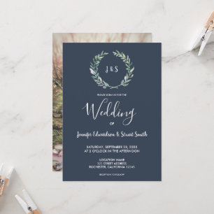 Invitation Mariage photo rustique feuille monogrammé