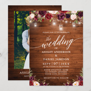 Invitation Mariage photo Rustique Floral Jar Lumières Calligr