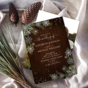 Invitation Mariage photo Rustique hiver Silver Snowflake Wood