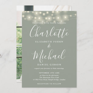 Invitation Mariage photo Sage Green String Lights Script