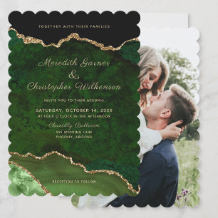 Invitation Mariage photo Scallop Edge Gold Green Geode Agate