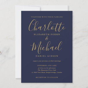 Invitation Mariage Photo Script Signature Bleu Nuit et Or