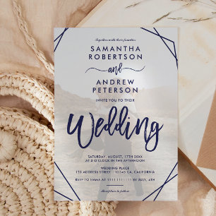 Invitation Mariage photo simple cadre bleu marine