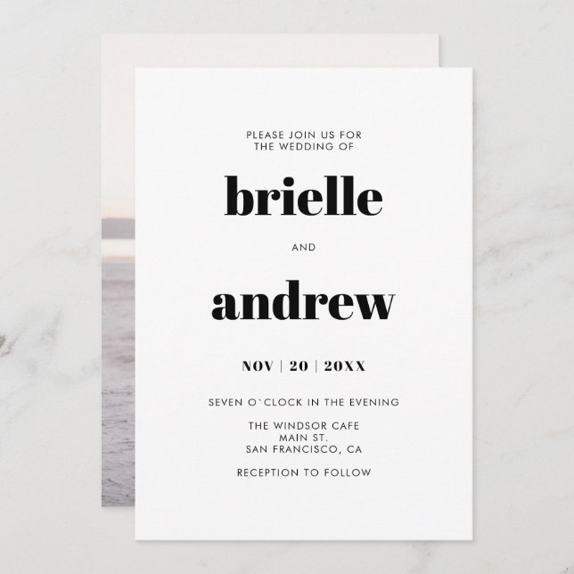 Invitation Mariage photo simple Gras Serif (Devant / Derrière)