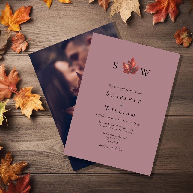 Invitation Mariage photo simple Leaf Mauve Monogram (Créateur téléchargé)