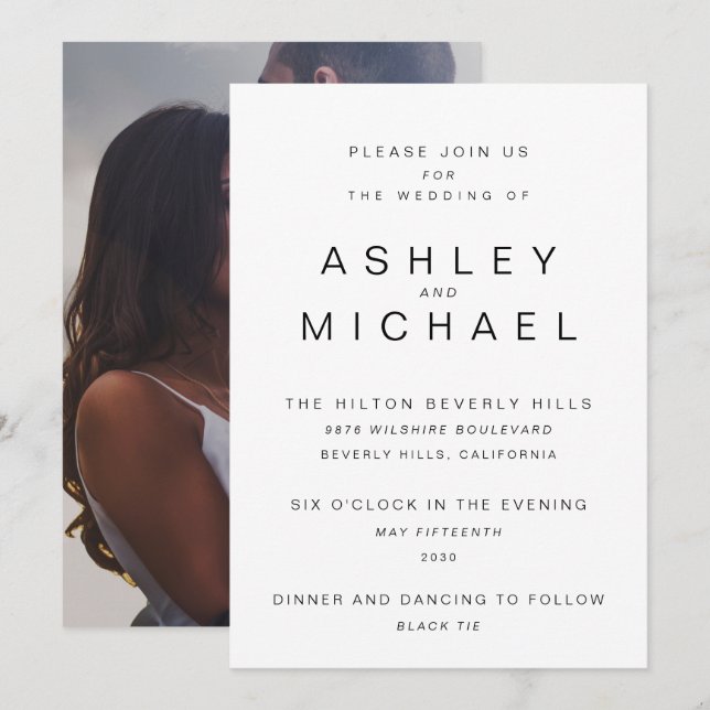 Invitation MARIAGE photo simple NOIR ET BLANC MODERNE (Devant / Derrière)