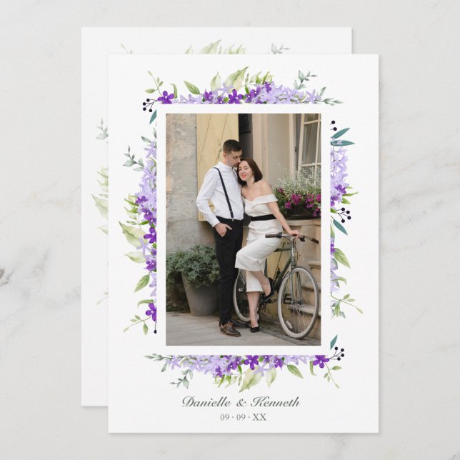 Invitation Mariage photo tons violets Fleurs & Branche (Devant / Derrière)