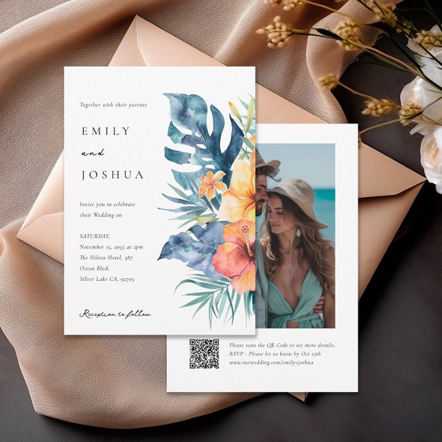 Invitation Mariage photo Tropical Floral Summer QR (Créateur téléchargé)