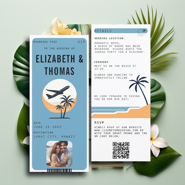 Invitation Mariage photo Tropical moderne Destination Plage (tropical beach destination wedding invitation boarding pass qr code all in one photo QR modern)