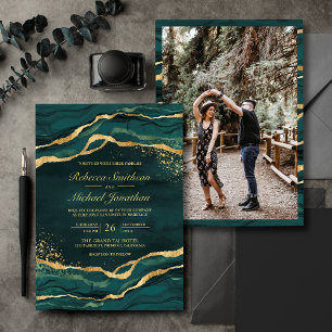 Invitation Mariage photo turquoise Gold Fluid Ink