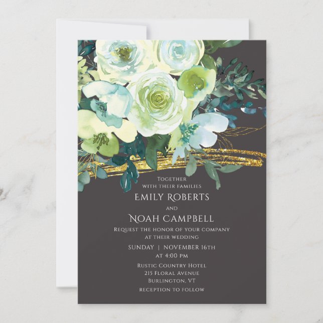 Invitation Mariage photo Turquoise Green Floral Gold Parties  (Devant)