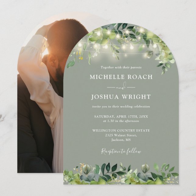 Invitation Mariage photo verdoyant Arch Sage vert (Devant / Derrière)