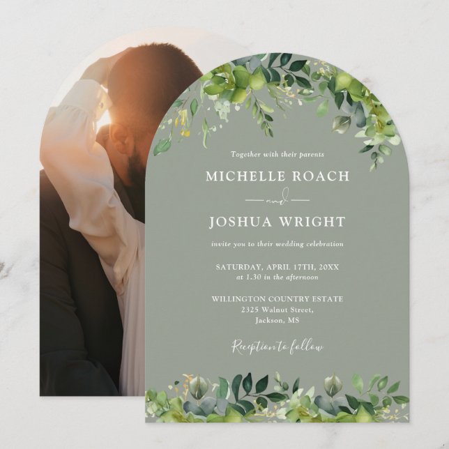 Invitation Mariage photo vert Arc fleuri (Devant / Derrière)