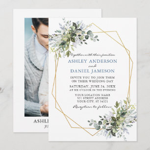 Invitation Mariage photo vert Dusty Blue Geo Frame