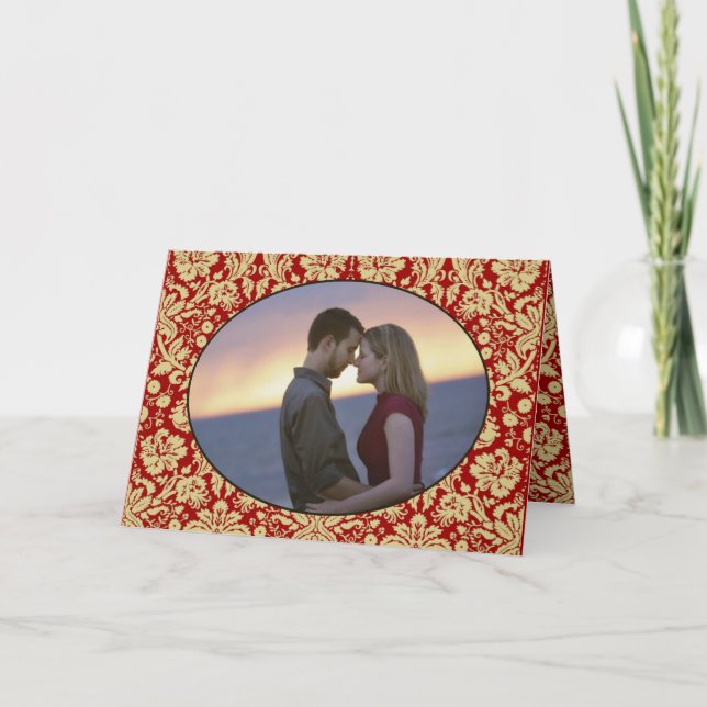 Invitation Mariage photo Victoria Rouge et Tan Floral Damask (Devant)