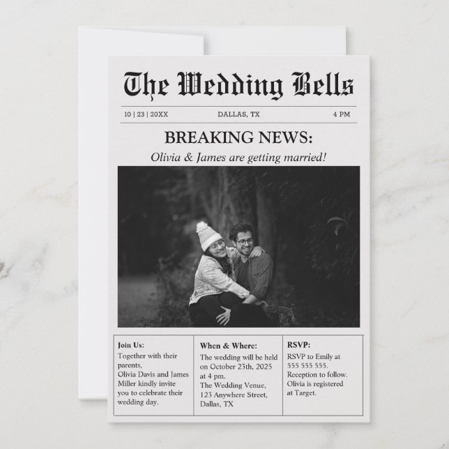 Invitation Mariage photo Vintage du journal unique (Devant)