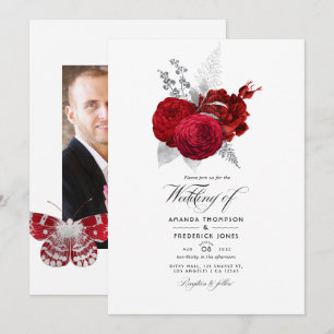 Invitation Mariage photo vintage rose rouge et argent